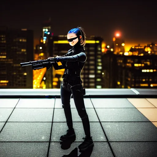 Prompt: photographic portrait of a 2d techwear woman holding a gun, closeup, on the rooftop of a futuristic city at night, sigma 85mm f/1.4, 4k, depth of field, high resolution, 4k, 8k, hd, full color