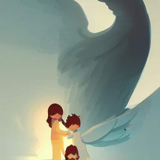 Image similar to Angel protecting child by james gilleard, very detailed, deviantart, artstation