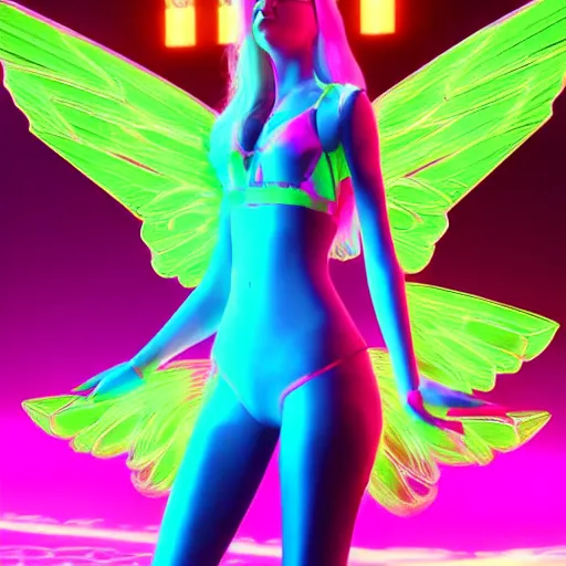 Image similar to neon fluorescent, iridescent older anya taylor - joy with fairy wings cyperpunk 2 0 7 7, unreal engine 5, 8 k ultra realistic, hyperdetailed, volumetric lighting, extremely high quality