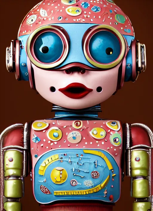 Prompt: closeup portrait of tin toy robot cake kitchen, depth of field, zeiss lens, detailed, symmetrical, centered, fashion photoshoot, by nicoletta ceccoli, mark ryden, lostfish, breathtaking, 8 k resolution, extremely detailed, beautiful, establishing shot, artistic, hyperrealistic, octane render