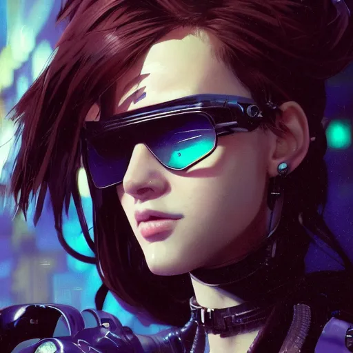 Image similar to a film still of a cyberpunk girl with a smirk, finely detailed features, aviators, closeup at the faces, dramatic cinematic, at cyberpunk city, gapmoe yandere grimdark, trending on pixiv fanbox, painted by greg rutkowski makoto shinkai takashi takeuchi craig mullins, alphonse mucha, studio ghibli, pixiv
