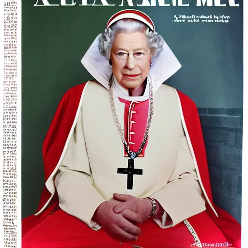 Prompt: magazine cover photo of elizabeth ii as the new pope, portrait photo by slim aarons in times magazine cover photo, color