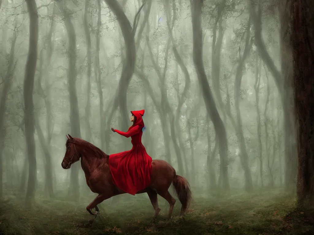 Image similar to serene green oak and beech forest, mysterious female beauty on a horse wearing a red cap slowly rides through the forest, rays of life, cinematic, fantasy art, moody evening light, foggy, trending on artstation, by esao andrews, by naoto hatori, by tyler jacobson