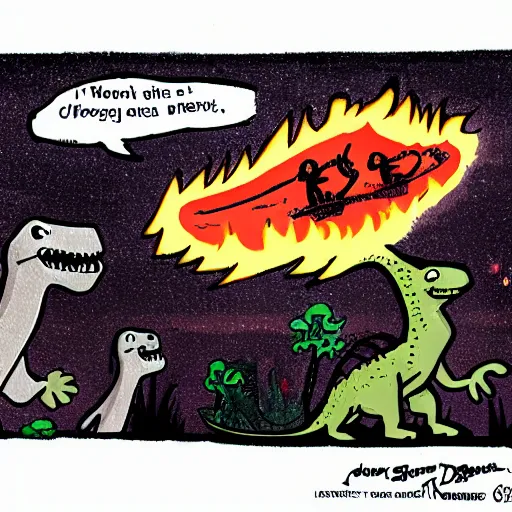 Prompt: a newspaper cartoon with dinosaur characters looking into their phones as a flaming comet lights up the sky