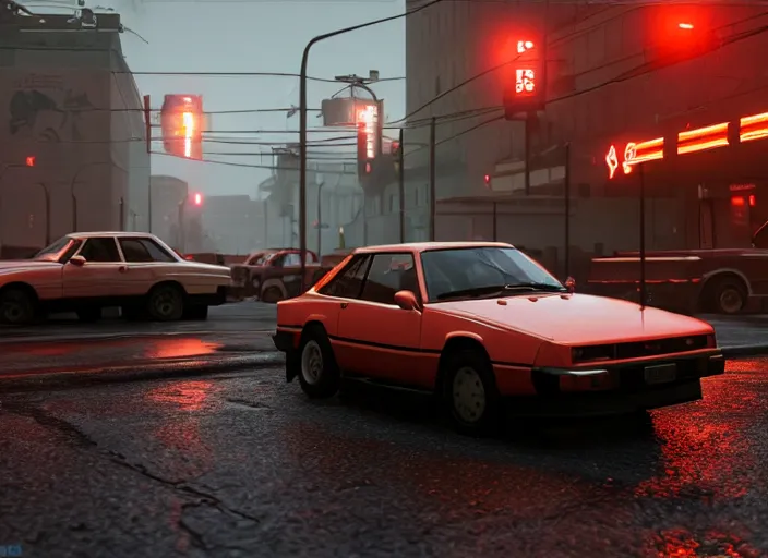 Image similar to gta game in moscow, 1 9 9 0, playstation 5 screenshot, mega details, dark night, orange lights, heavy rain, fog, beautiful rtx reflections, soviet suburbs, photorealistic, unreal engine 5, octane render, volumetric light, cg society, 4 k, 5 0 mm bokeh, russian lada car, artstation