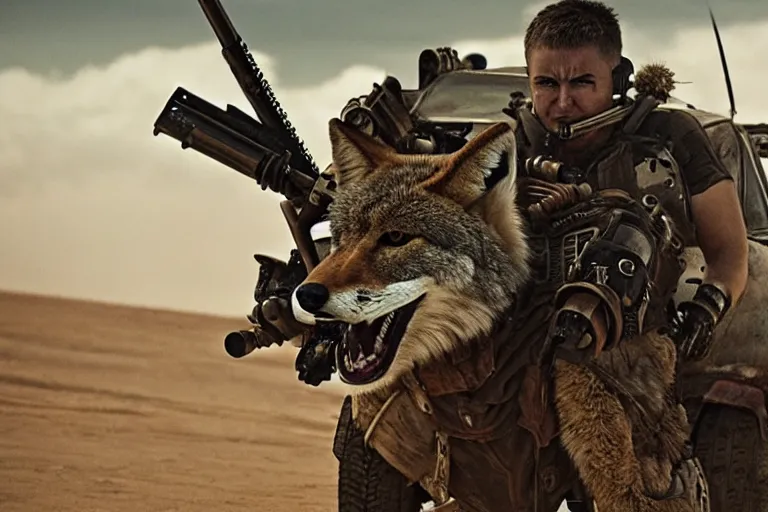 Prompt: a good ol'coyote fursona ( from the furry fandom ), heavily armed and armored facing down armageddon in a dark and gritty version from the makers of mad max : fury road. witness me.