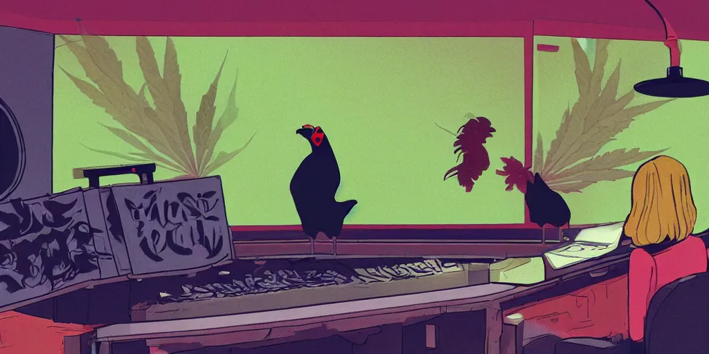 Image similar to 'black chicken'!!! smoking 'cannabis!!!!!!' in front of 'audio console'!!!! and 'multi monitors!!!!!!' in a tv broadcasting studio, artwork by James Gilleard