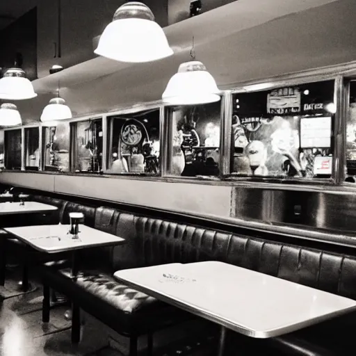 Prompt: inside of a diner, cozy lighting, late night, shrek in foreground, photo