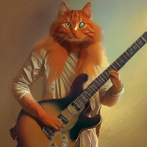 Image similar to a ginger cat dressed like a hardrocker playing electric guitar, cinematic lighting, highly detailed, digital painting, artstation, concept art, smooth, sharp focus, illustration, art by Terry Moore and Greg Rutkowski and Alphonse Mucha