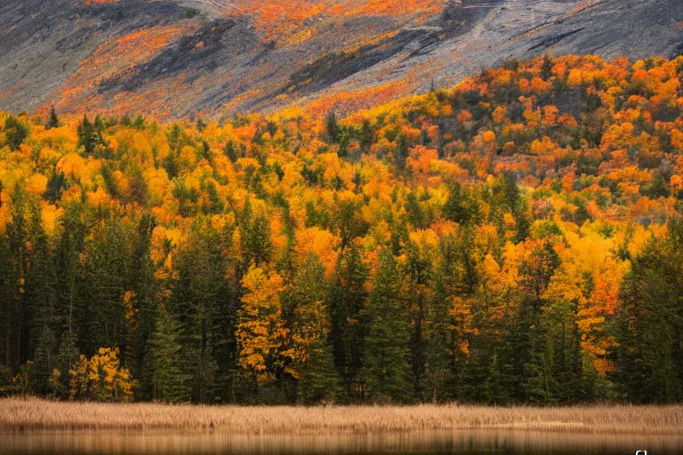 Image similar to a mountain with a radio tower next to a pond, autumn hills in background. telephoto lens photography.