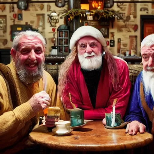 Image similar to the three wise men in period regal clothing in a wetherspoons pub having a pint