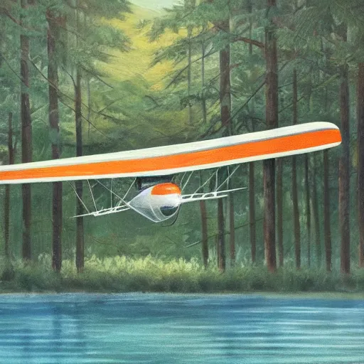 Image similar to a [ 5 0 s bus with airplane wings ] floats above a forest and lake, [ oil painting ]!!, trending on cgsociety, 4 k