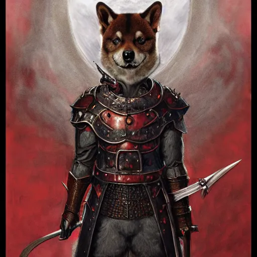 Image similar to anthropomorphic shiba inu, berserk anime : the berserker armor and the dragon slayer sword, red black aura, fantasy, dark, portrait art by donato giancola and greg rutkowski, realistic face, digital art, trending on artstation, symmetry