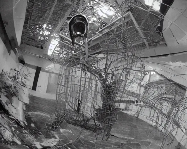 Image similar to camera footage of a extremely aggressive Giant mutated Octopus with glowing white eyes, Human Features, Teeth, in an abandoned shopping mall, Psychic Mind flayer, Terrifying, Silhouette :7 , high exposure, dark, monochrome, camera, grainy, CCTV, security camera footage, timestamp, zoomed in, Feral, fish-eye lens, Fast, Radiation Mutated, Nightmare Fuel, Wolf, Evil, Bite, Motion Blur, horrifying, lunging at camera :4 bloody dead body, blood on floors, windows and walls :5