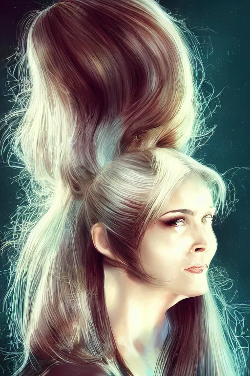 Image similar to mix of beautiful young maria shriver, mariel hemmingway, brooke shields, nicole kidman and elle macpherson as an alien creature, thin lips, hair tied up in a pony tail, dark blonde hair, colorful, artstation, cgsociety