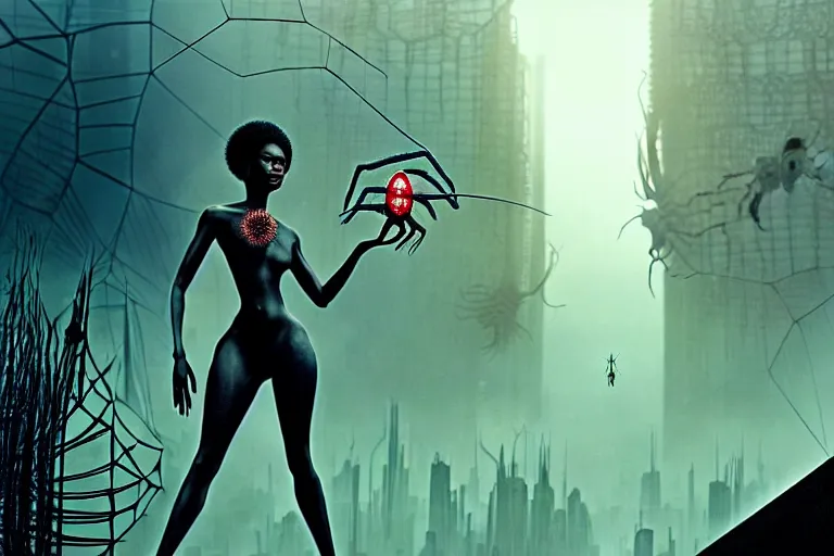 Image similar to realistic detailed photorealistic portrait movie shot of a beautiful black woman with a giant spider, dystopian city landscape background by denis villeneuve, amano, yves tanguy, alphonse mucha, ernst haeckel, david lynch, edward robert hughes, roger dean, cyber necklace, rich moody colours, wide angle