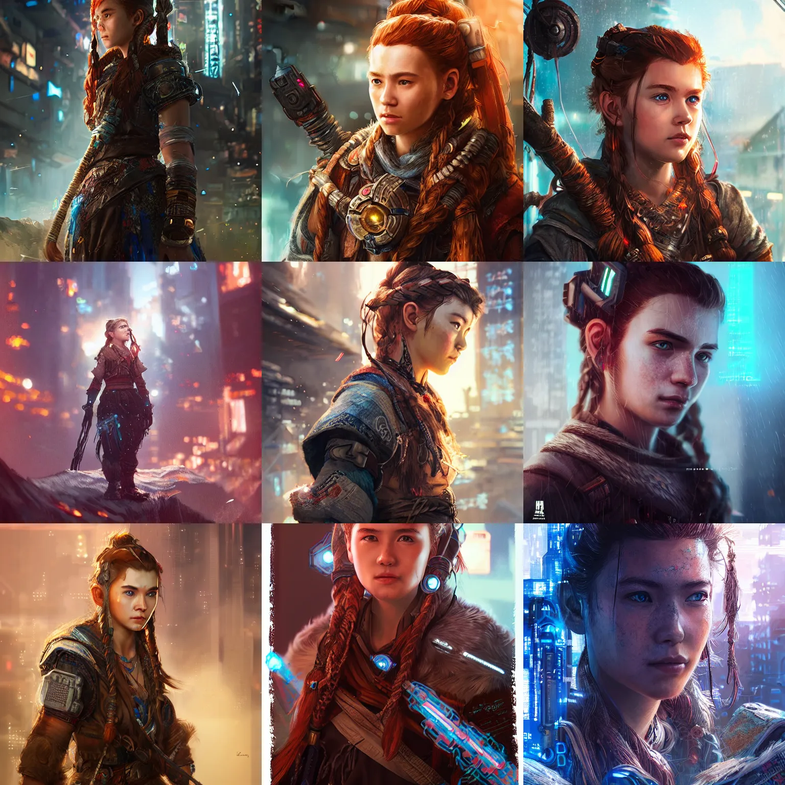 Prompt: a portrait of aloy using augmented reality by ross tran, highly detailed, cyberpunk, intricate environment, atmospheric lighting