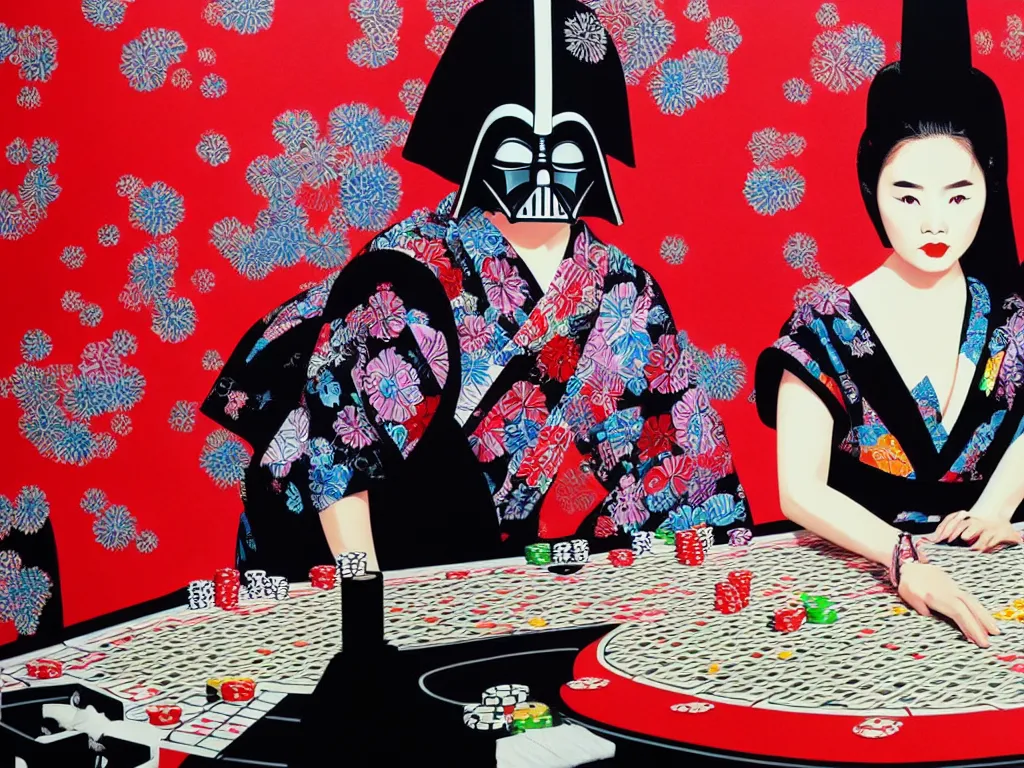 Image similar to hyperrealism composition of the detailed woman in a japanese kimono sitting at an extremely detailed poker table with darth vader, fireworks and folding screen on the background, pop - art style, jacky tsai style, andy warhol style, acrylic on canvas