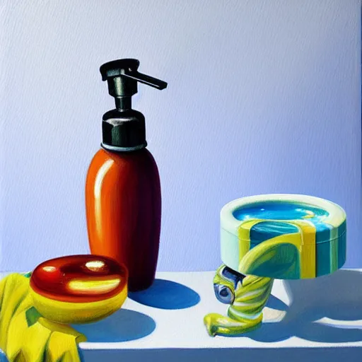 Prompt: a colorful painting of a faucet and soap dispenser, an airbrush painting by janet fish trending on artstation, ( ( ( hyper realism ) ) ), oil on canvas, detailed painting