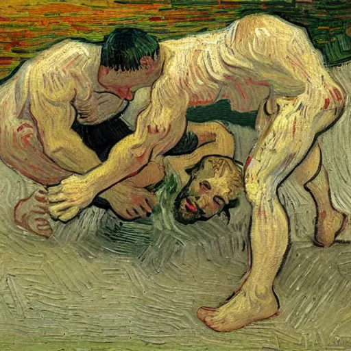 Image similar to 3 drunks fall over mud - wrestling,, oil painted ( ( ( ( ( ( by van gogh ) ) ) ) ) )
