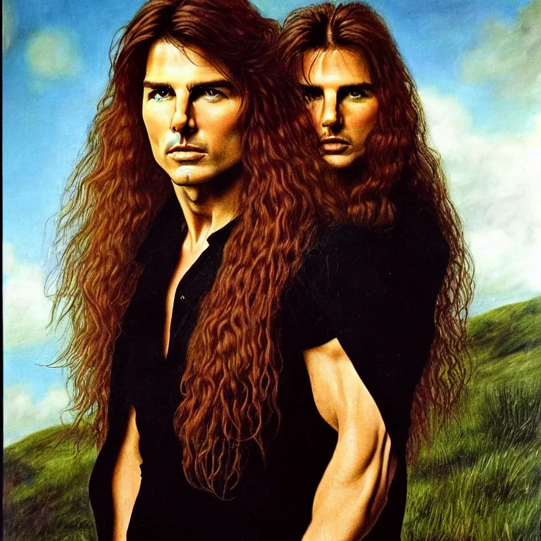 Image similar to Pre-Raphaelite portrait of Tom Cruise as the leader of a cult 1980s heavy metal band, with very long blond hair and grey eyes