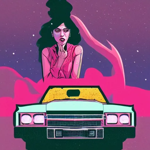 Prompt: a colorfully detailed comic noir style illustration of a beautiful woman posing next to a pink Cadillac in a post-apocalyptic desert by queens of the stone age and sachin teng, dark vibes, street art, cinematic, high contrast, depth of field