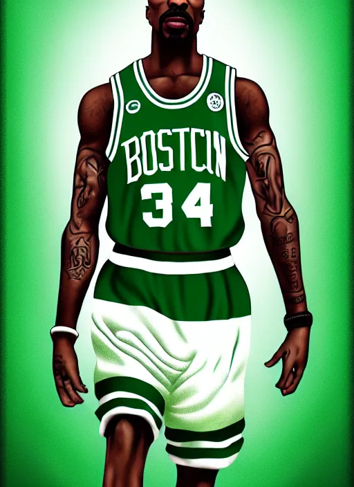 Image similar to portrait of tupac shakur, boston celtics jersey number 3 4, green, white, cartoon digital art, oil on canvas, trending on artstation, octane render