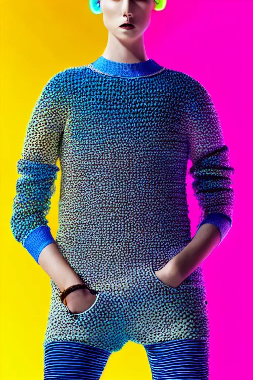 Image similar to stylish pullover for a rave bright colors, many details, photo for a magazine, photo for a store, fashion photography, Vogue, cinematic, hyper realism, high detail, 8k, very coherent symmetrical work, perfect face model, full length photo, Upper and lower body, white eyes, photographer style by Nik Night Erik Madigan Hec and Walter Chin and Camilla Akrans and Miles Aldridge