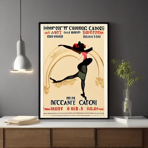 Image similar to art nouveau champagne poster with a happy girl dancing cancan