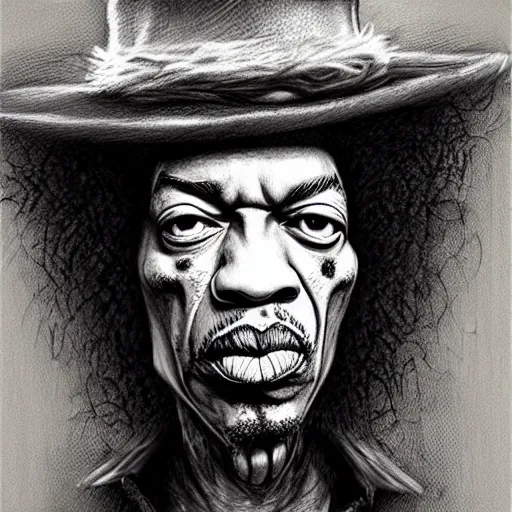 Image similar to surrealism grunge cartoon portrait sketch of Jimi Hendrix, by michael karcz, loony toons style, freddy krueger style, horror theme, detailed, elegant, intricate