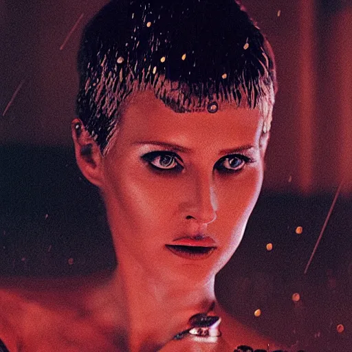 Image similar to close up portrait of rachael tyrell from blade runner at tyrell headquarters photographed by annie leibovitz, cyberpunk, colorful!, nighttime!, raining!