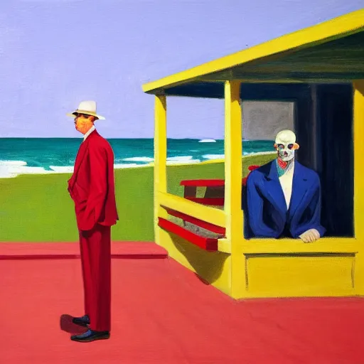 Image similar to a portrait painting of a man in a suit and a skull as his head sitting by the beach, 1 9 5 0 ad campaign, in the style of edward hopper, in the style of edward hopper and david hockney, 4 k,