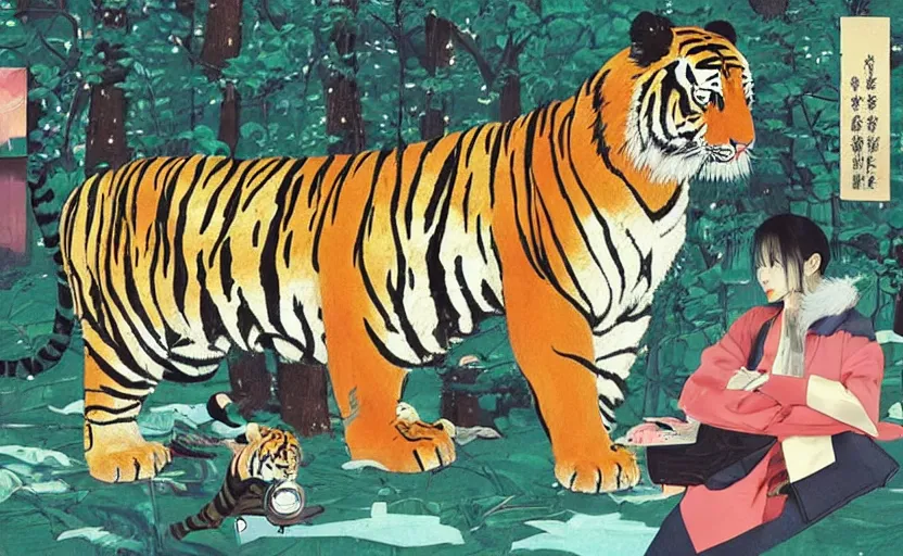 Image similar to a delorean and a tiger, art by hsiao - ron cheng and utagawa kunisada, magazine collage, # e 5 3 7 1 b, # e 4 e 6 2 0, # de 9 5 f 0,