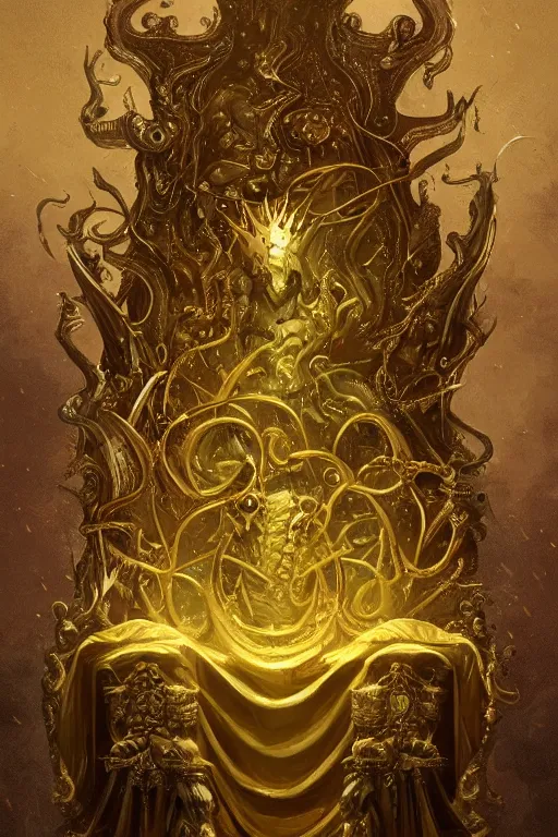 Image similar to lovecraftian gilded king on a throne, gold accents, digital art, in the style of greg rutkowski, trending on artstation