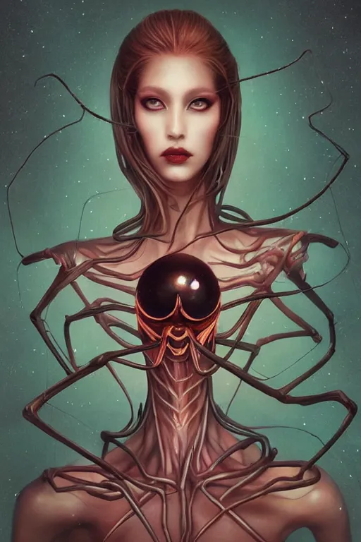 Image similar to portrait of an elegant alien spider queen, long legs, many legs, spindly legs, full body character concept art, by artgerm, tom bagshaw, gerald brom, vaporwave colors, lo - fi colors, vaporwave, lo - fi, moody vibe, goth vibe, 4 k, hd,