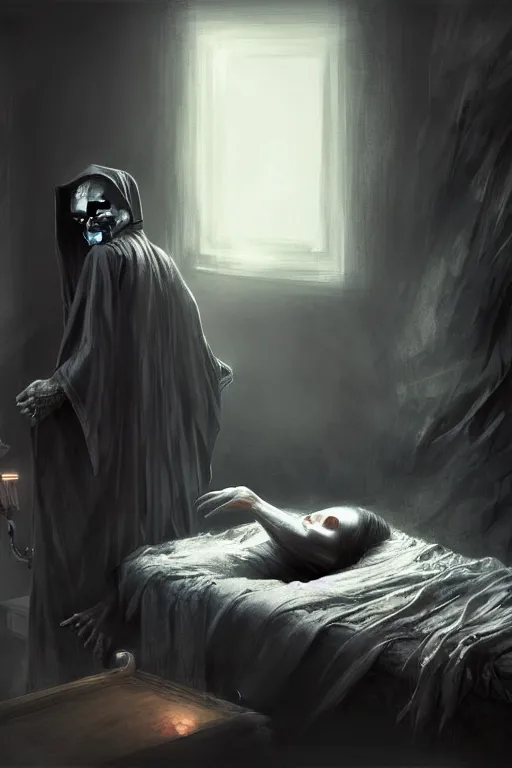 Prompt: death waking up from the bed , death is wearing black robe, together with him Vesa Matti Loiri sunrise coloring the room,fantasy, intricate, elegant, highly detailed, digital painting, artstation, concept art, smooth, sharp focus, illustration, art by Ilja Repin