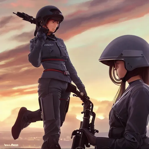 Image similar to panoramic view, a girl riding a motorbike, futuristic, soldier clothing, battlefield in background, anime style, hair down, symmetrical facial features, realistic hands, from arknights, hyper realistic, 4 k, extreme detail, trending artstation, safebooru, realistic lighting, by alphonse mucha, greg rutkowski, sharp focus