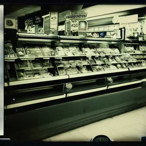 Image similar to Vintage Photograph of a futuristic time machine inside of a grocery store, shallow depth of field, awkward, out of place, polaroid 600 Color