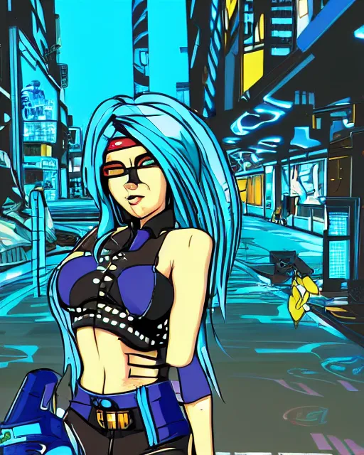 Image similar to cel shaded art of a pretty blue haired girl, jet grind radio graphics, cyberpunk city street background