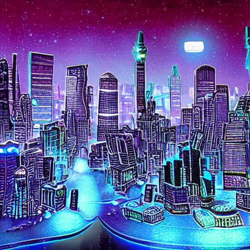 Image similar to Futuristic cityscape on a on a bioluminescent world