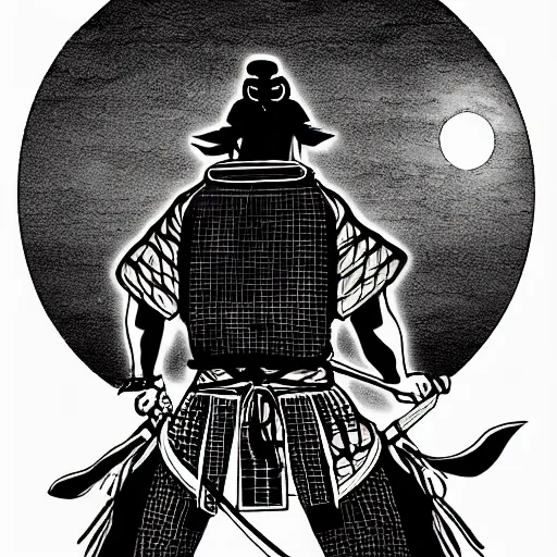 Image similar to A PORTRAIT FROM BEHIND OF A SAMURAI MAN VAGABOND WITH A MOON BEHIND HIM ,THE SAMURAI IS WRAPPED IN CHAINS ,detailed, concept art, ink style , sketch