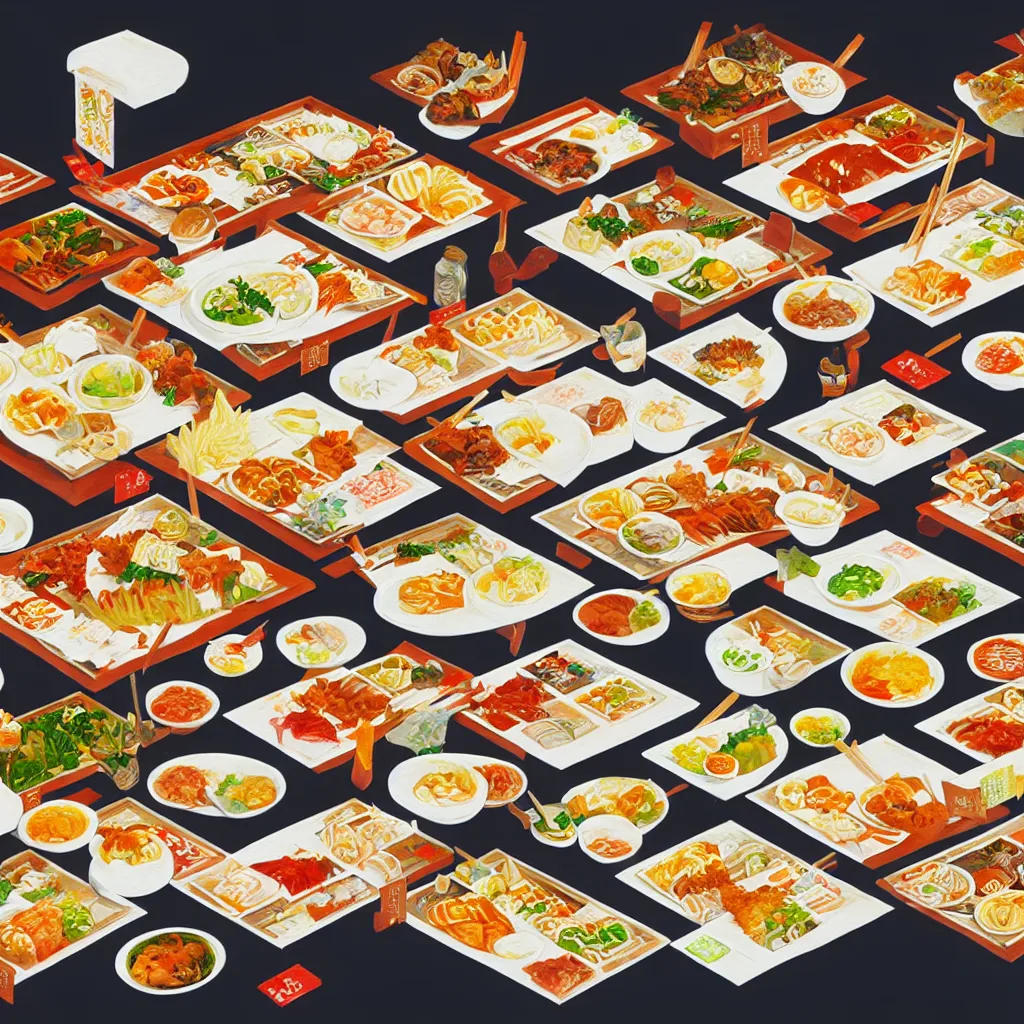 Image similar to a painting of a table full of japanese foods, concept art by taro yamamoto, pixiv contest winner, auto - destructive art, official art, concept art, pixiv