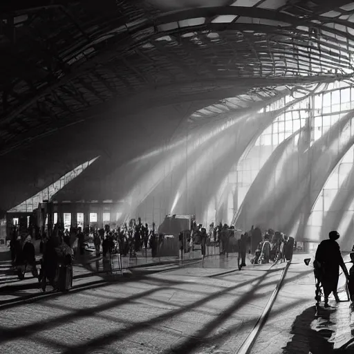 Image similar to an cavernous and expansive train terminal, sun rays coming in through windows, smoky and dusty air, people in a train station, photograph by hal morey, featured on cg society, light and space, volumetric lighting, matte drawing, global illumination