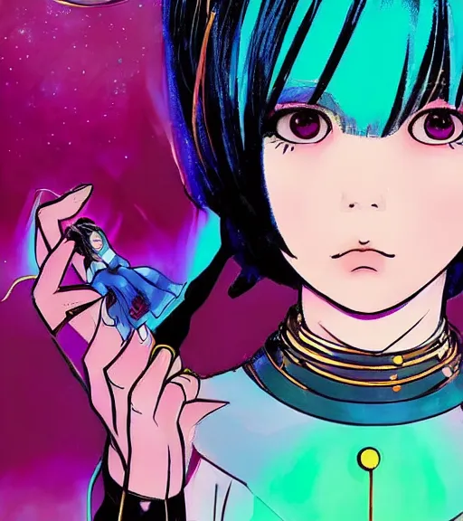 Prompt: beautiful portrait of a black bobcut hair style magical girl in a blend of 8 0 s anime - style art, vibrant composition and color, filtered through a cybernetic lens, by hiroyuki mitsume - takahashi and noriyoshi ohrai and annie leibovitz, pastel colors, dynamic lighting