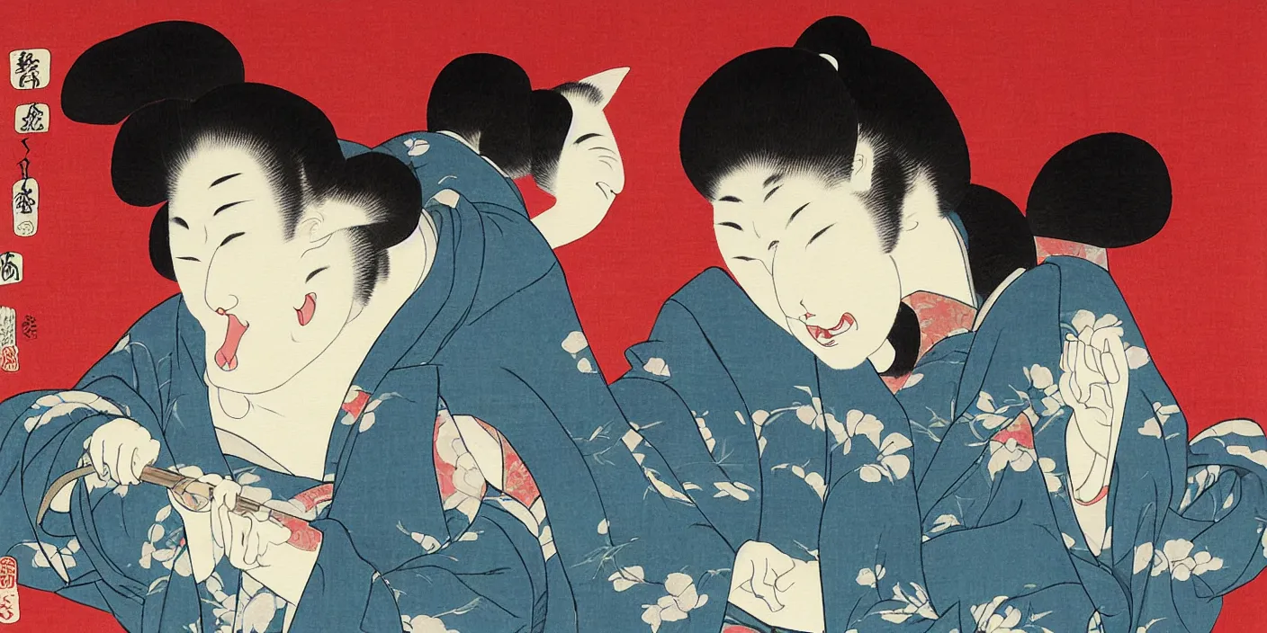 Prompt: woman yelling at cat meme nihonga painting by uemura shoen