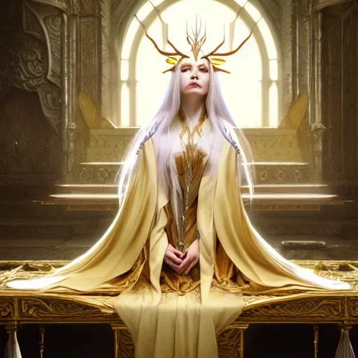 Image similar to tall elven queen sitting on the throne, long white hair, pale skin, golden coloured eyes, stunning 3 d render inspired art by greg rutkowski and xiang duan and thomas eakes, realistic, highly detailed attributes and atmosphere, dim volumetric cinematic lighting, 8 k octane detailed render, post - processing, masterpiece,