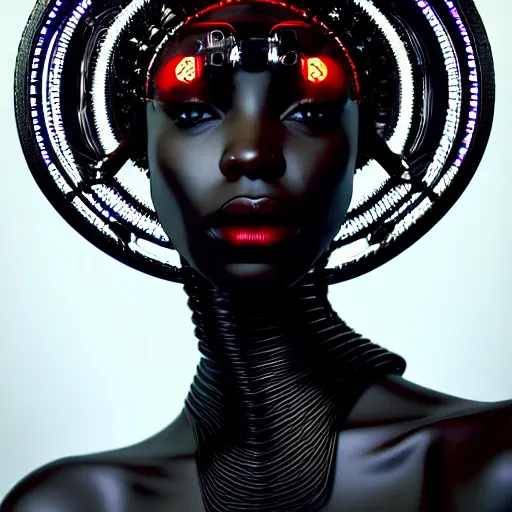 Image similar to portrait of an absurdly beautiful, graceful, sophisticated, fashionable black cyberpunk mechanoid gravure idol, hyperdetailed illustration by irakli nadar, adut akech, matt wisniewski style, intricate linework, dark black porcelain skin, jellyfish headdress, unreal engine 5 highly rendered, global illumination, red light, detailed and intricate environment