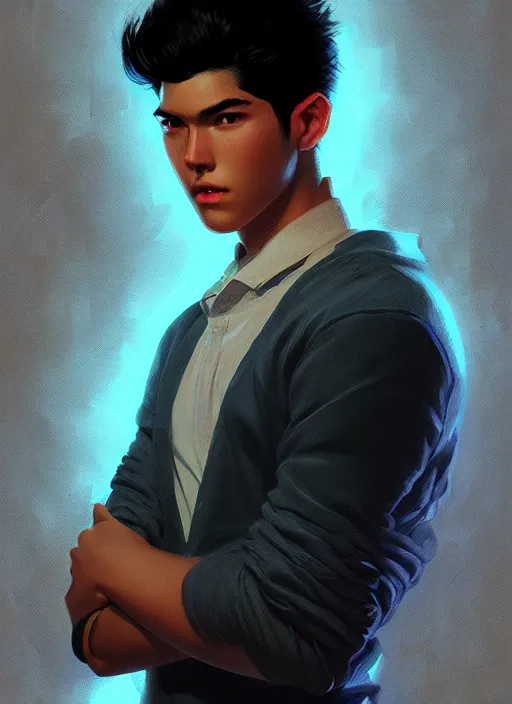 Image similar to portrait of teenage reggie mantle, mean smirk, intricate, elegant, glowing lights, highly detailed, digital painting, artstation, concept art, smooth, sharp focus, illustration, art by wlop, mars ravelo and greg rutkowski