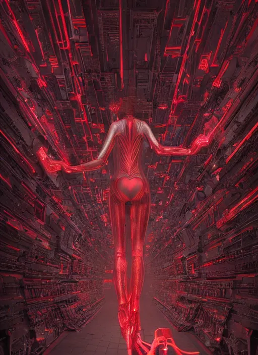 Image similar to Wanda Maximoff, dynamic pose, standing in a h.r. giger city, red, glowing, wires everywhere, by Edgar Maxence and Ross Tran, Zdzisław Beksiński, and Michael Whelan, distant, gustav dore, H.R. Giger, 8k, octane render