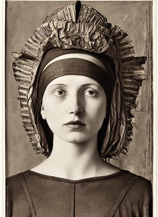 Image similar to portrait of young woman in renaissance dress and renaissance headdress, art by edward weston